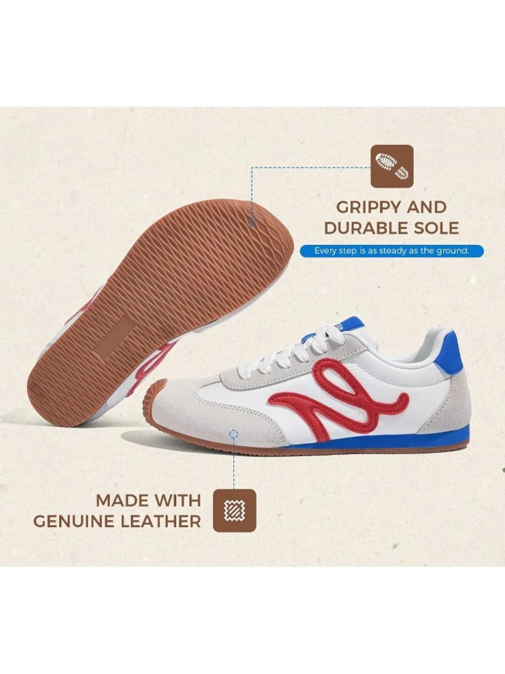 Women's White/Red Leather Comfortable Classic Casual Thin Sole Walking Sneakers